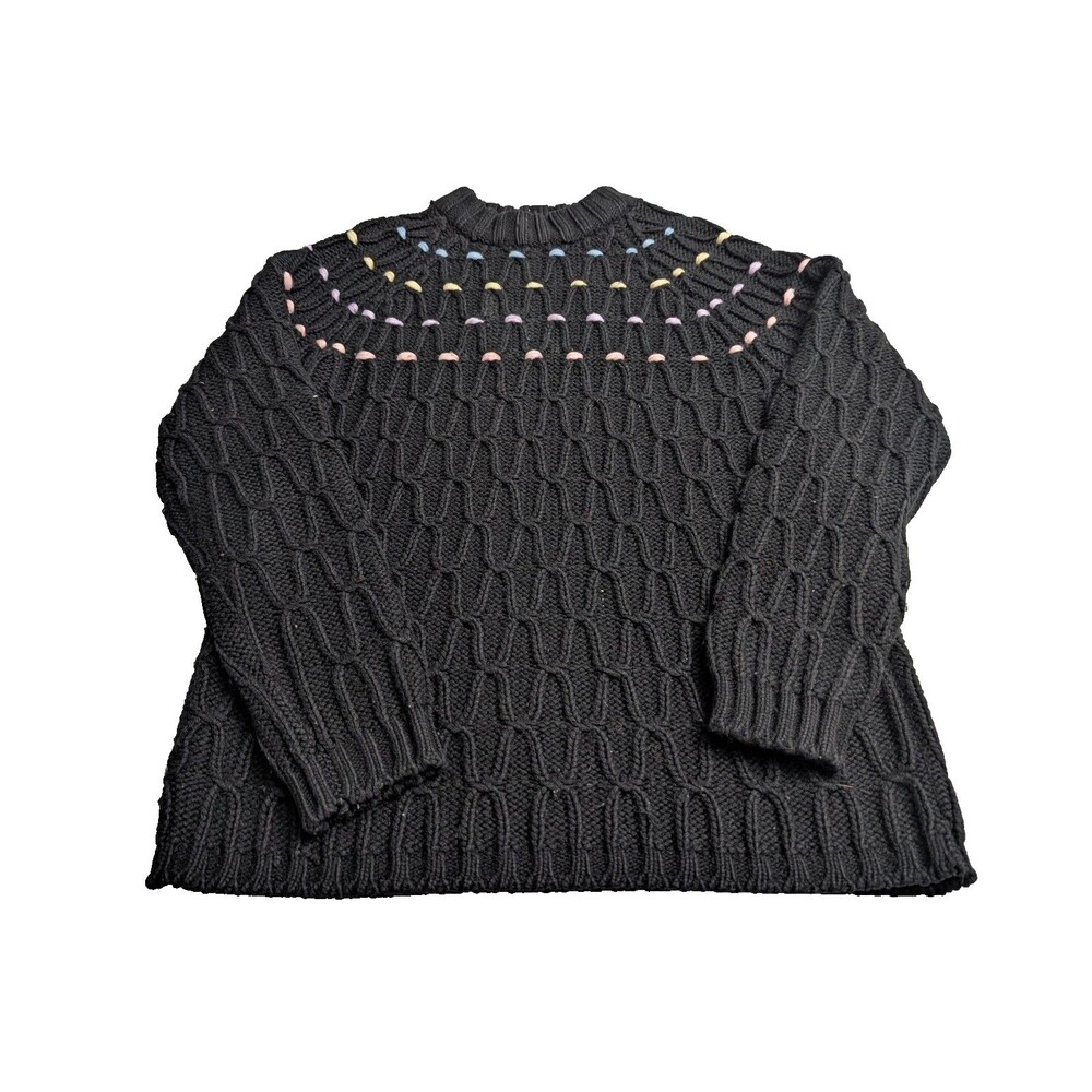 Black Textured Knit Sweater With Colorful Thread Accents Made in Japan